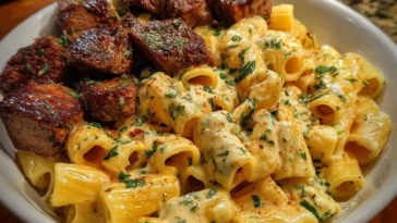 Rigatoni in Garlic Butter Parmesan Cream Sauce with Cajun Steak Tips 1