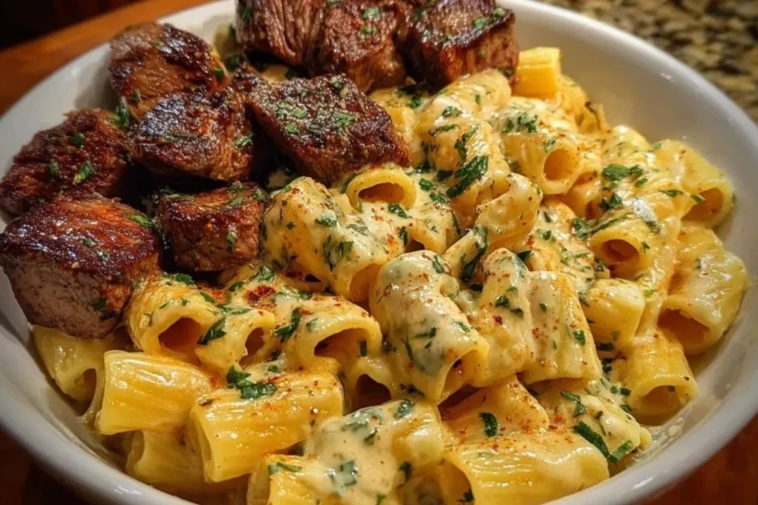 Rigatoni in Garlic Butter Parmesan Cream Sauce with Cajun Steak Tips 1