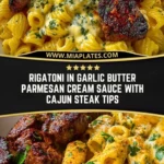 Rigatoni in Garlic Butter Parmesan Cream Sauce with Cajun Steak Tips Pin 1