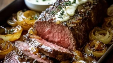 Roasted Beef Tenderloin with French Onions and Horseradish Sauce 1