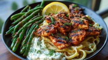 Smoky Paprika Chicken Alfredo with Lemon Feta Whip & Charred Green Beans 1