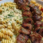Steak Bites and Cheesy Rotini in Garlic Parmesan Sauce 1