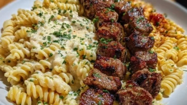 Steak Bites and Cheesy Rotini in Garlic Parmesan Sauce 1