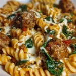Weeknight Garlic Butter Rotini with Beef, Italian Sausage and Spinach