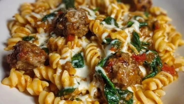 Weeknight Garlic Butter Rotini with Beef, Italian Sausage and Spinach