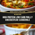 High Protein Low Carb Philly Cheesesteak Casserole Pin 1