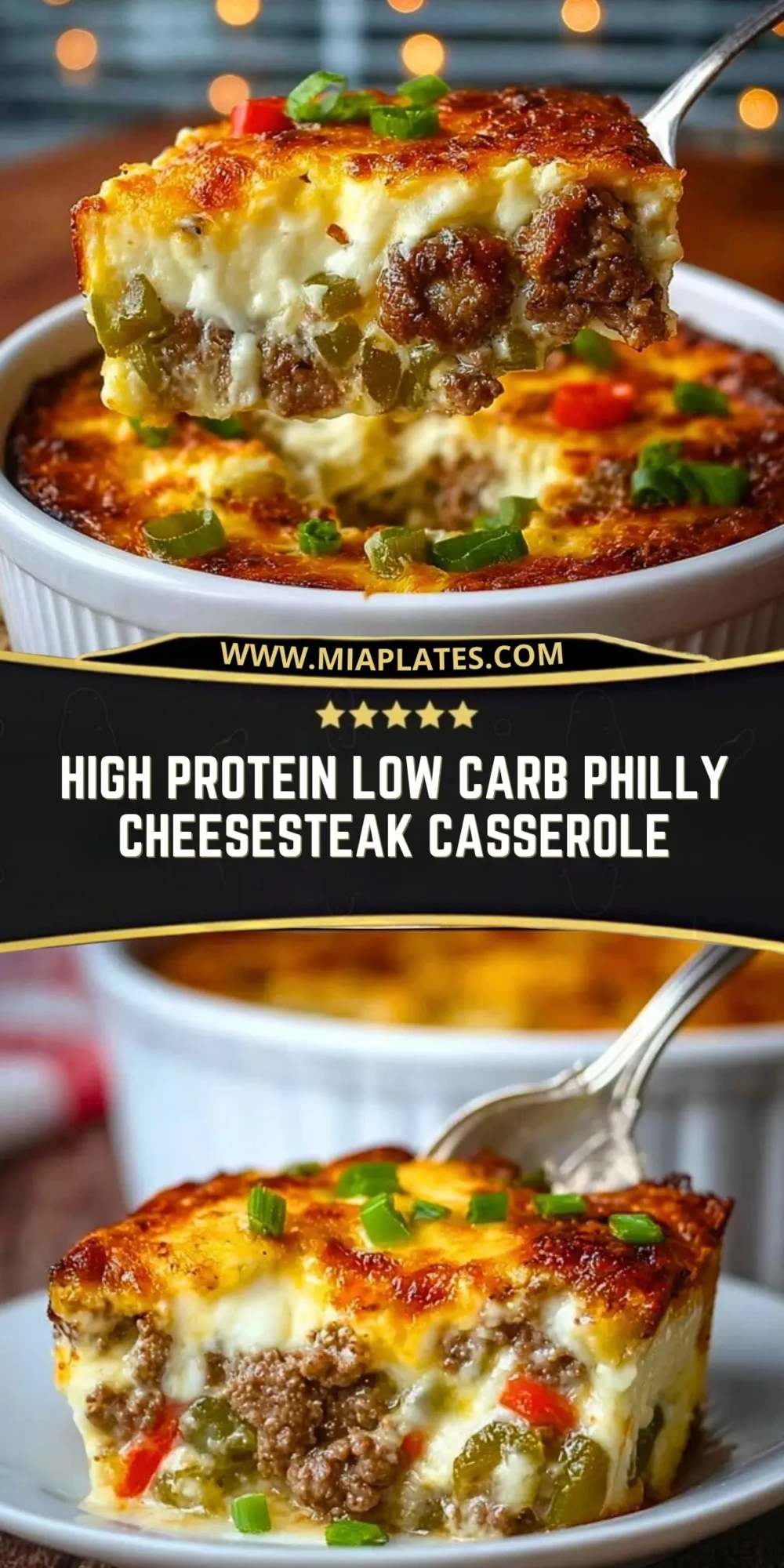 High Protein Low Carb Philly Cheesesteak Casserole Pin 1