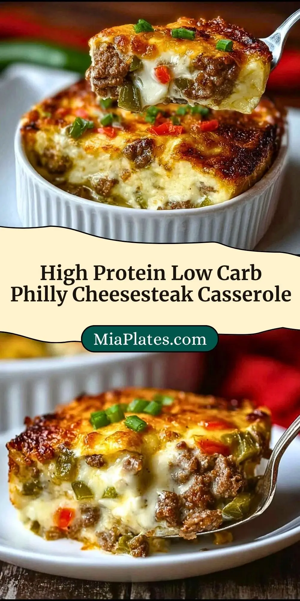 High Protein Low Carb Philly Cheesesteak Casserole Pin 2