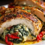 Roasted Red Pepper Spinach Mozzarella Stuffed Chicken