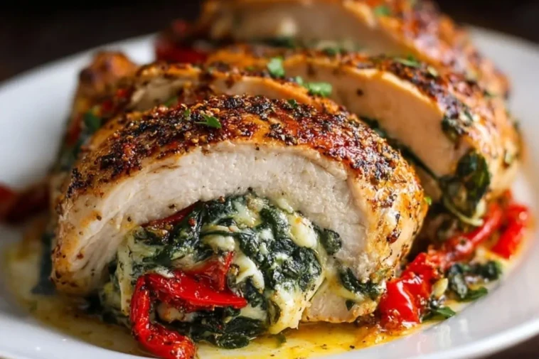 Roasted Red Pepper Spinach Mozzarella Stuffed Chicken